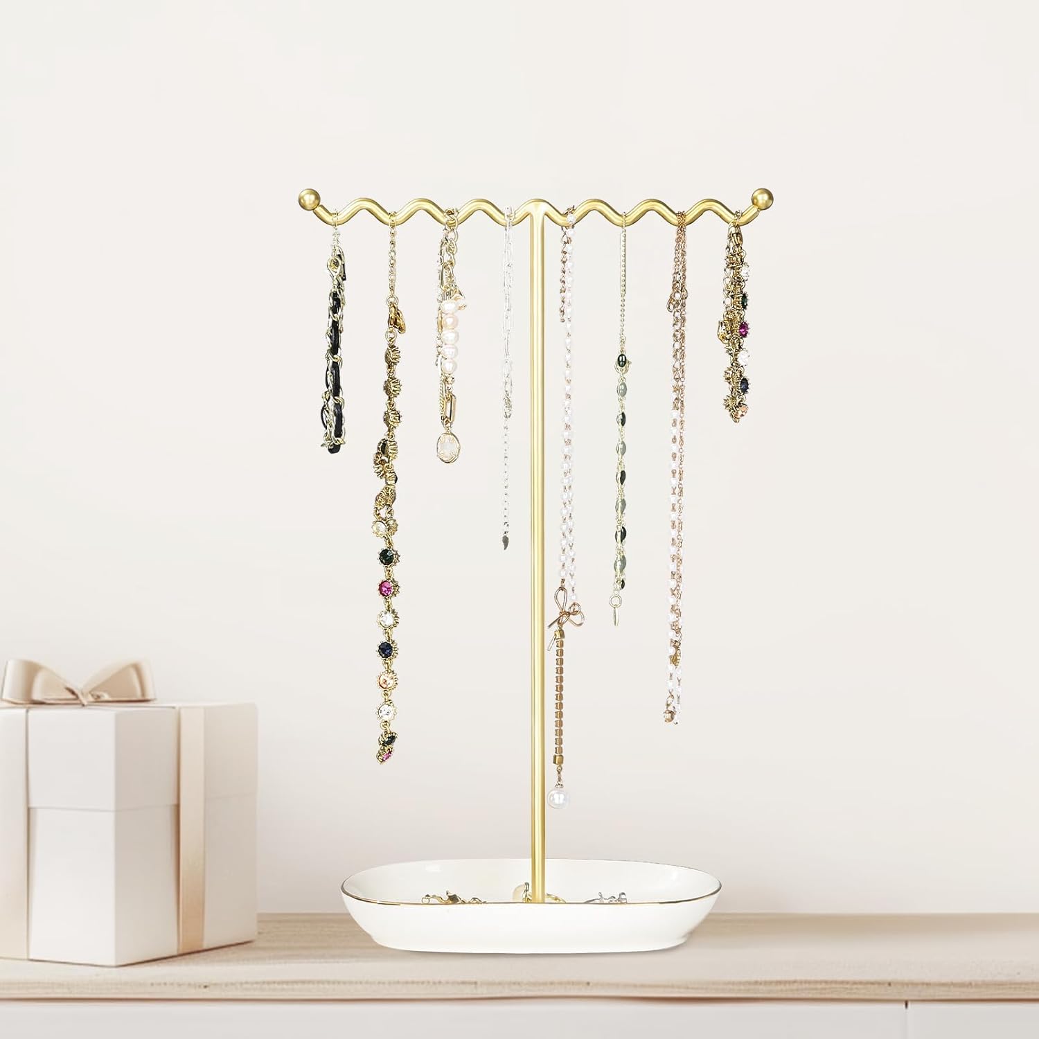 Elegant Jewelry Holder Stand: Metal Tree & Ceramic Tray Organizer for Necklaces, Rings, Earrings - Durable, Rustproof Display Holder Easy to Access Deluxe White