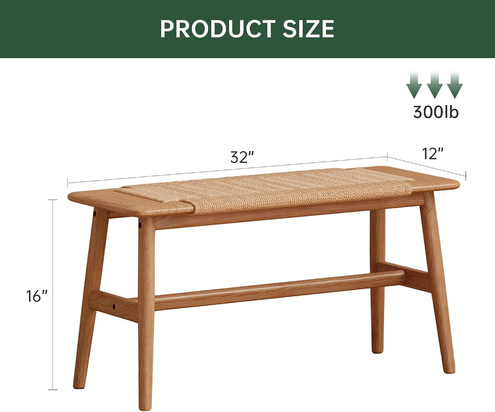 100% Solid Oak Wood Dining Bench, Hand Woven Dining Bench with Trapezoid Leg,...