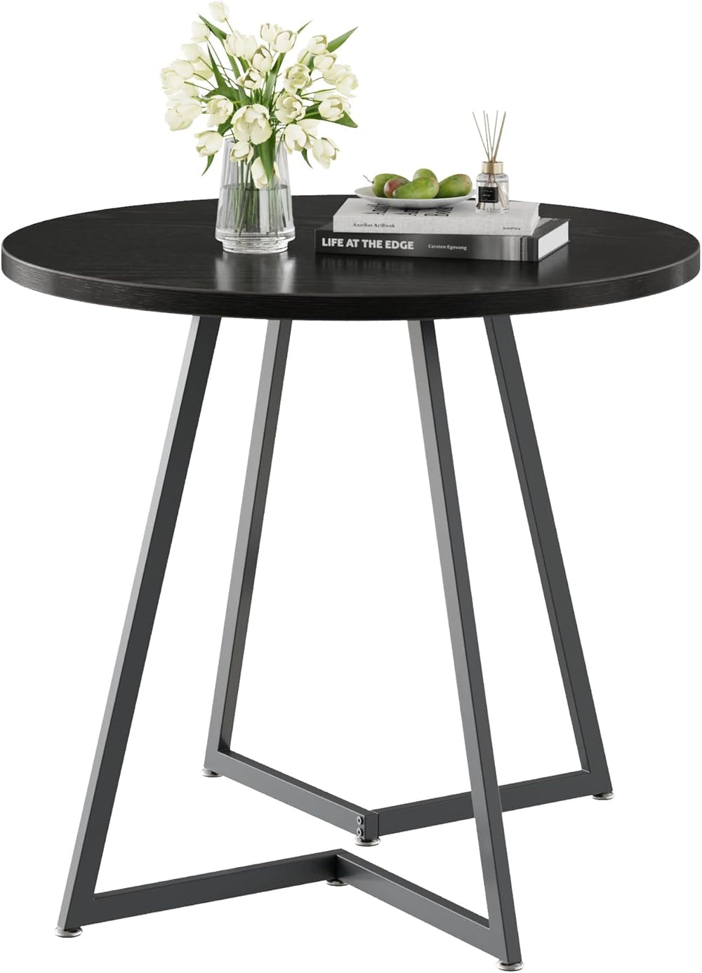 VECELO Round Dining Room Table with Wood Grain Tabletop and Steel Frame, for ...