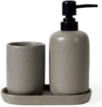 INGOFIN 3 Pcs Ceramic Bathroom Accessory Set - Liquid Soap Dispenser, Toothbrush Holder & Tray, Bathroom Counter Set, Countertop Essentials for Home, Guest Bathroom, or Office Use, Grey