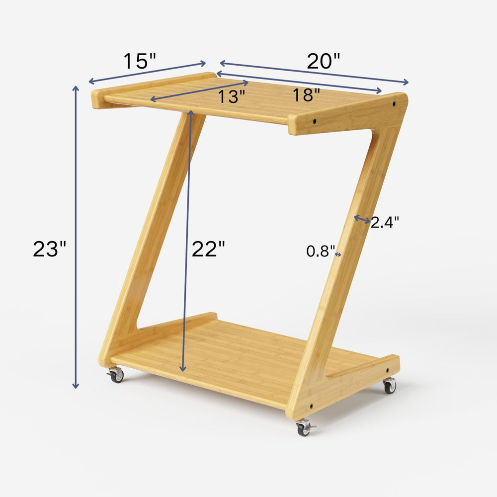ZIYOO Z-Shaped End Table with Wheels, Natural Bamboo Couch Side Table that Sl...