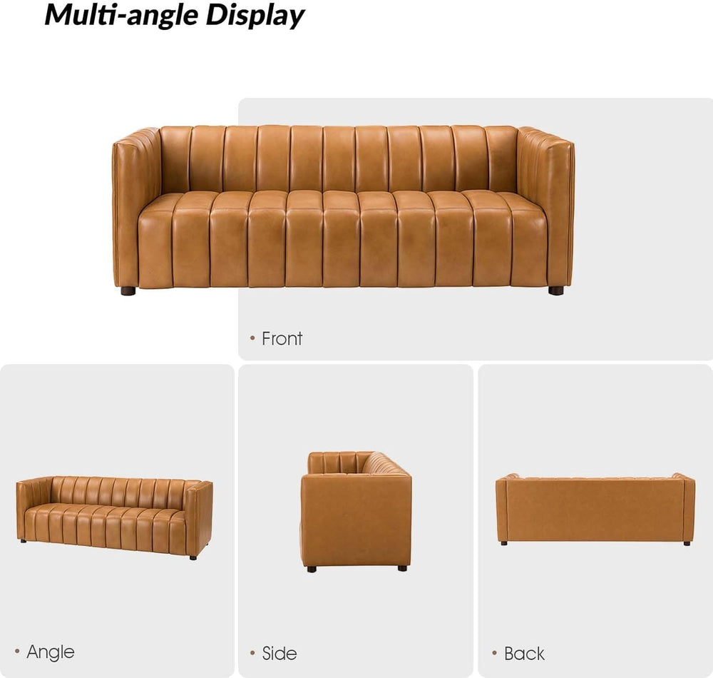 HULALA HOME 83" Genuine Leather Sofa with Channel Tufted Design, Camel