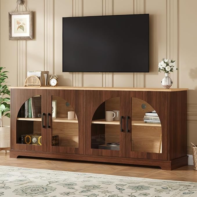 Farmhouse TV Stand with Adjustable Shelves for TVs up to 70'', Entertainment Center with Semi-Arched Glass Doors, Wood Grain Sideboard with Cable Management for Living Room, Walnut