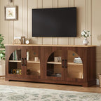 Farmhouse TV Stand with Adjustable Shelves for TVs up to 70'', Entertainment Center with Semi-Arched Glass Doors, Wood Grain Sideboard with Cable Management for Living Room, Walnut