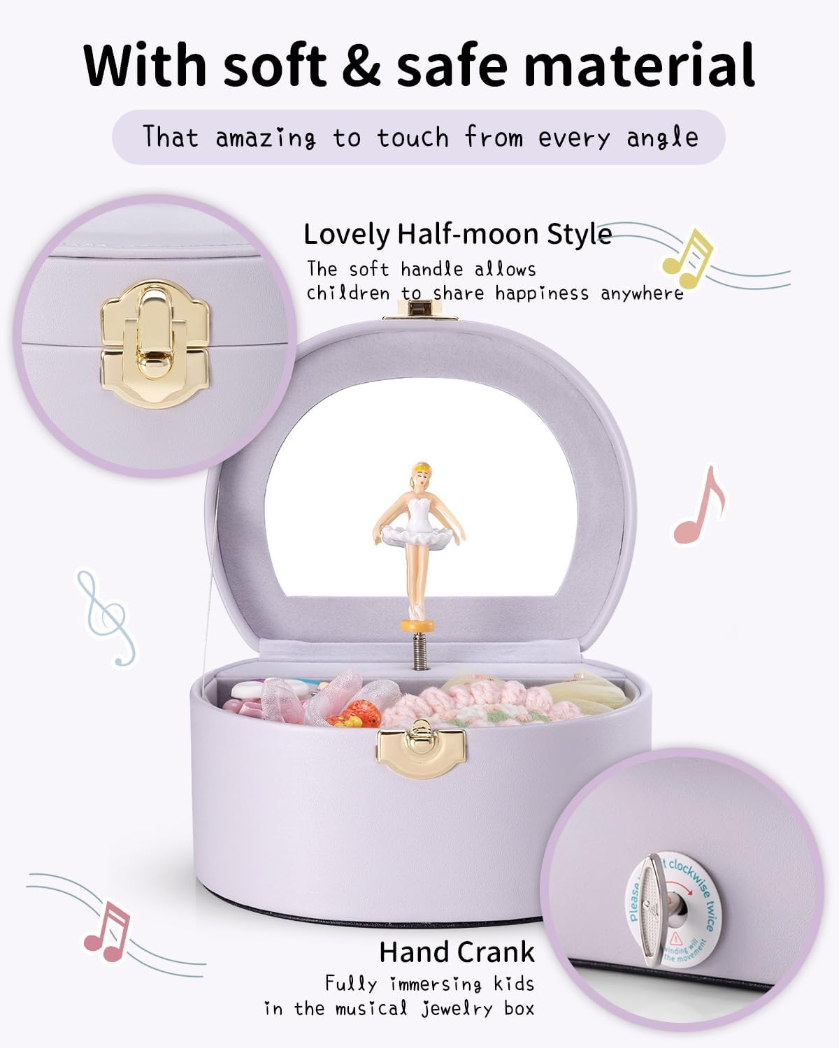 VLANDO Musical Jewelry Box for Girls, Arc Design with Spinning Ballerina | Large Compartment for Small Treasures, Plays Canon Melody, Built-In Mirror and Soft Carry Handle, Birthday Christmas Gift