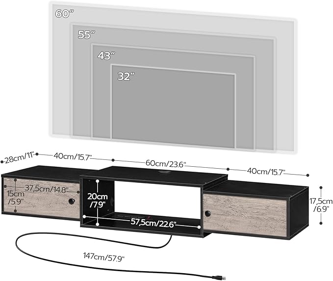 HOOBRO 55" Floating TV Stand with Power Outlets, Modern Wall Mounted Med...