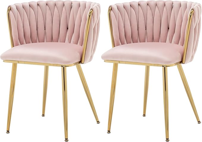 Velvet Dining Chairs Set of 2, Modern Upholstered Dining Chairs with Gold Metal Legs for Dining Room, Vanity, Kitchen, Living Room(Pink)