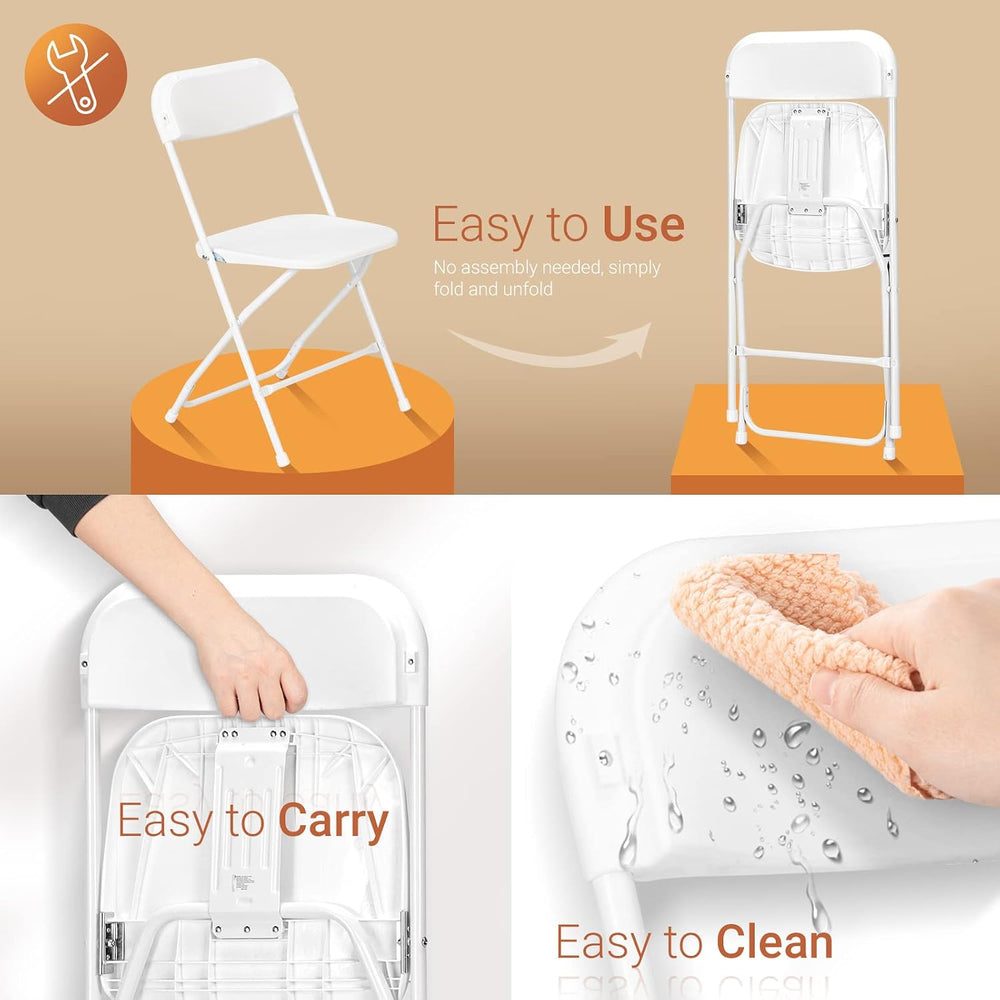 FCH White Folding Chair，Foldable Metal Frame with Solid Plastic Seat, Portabl...