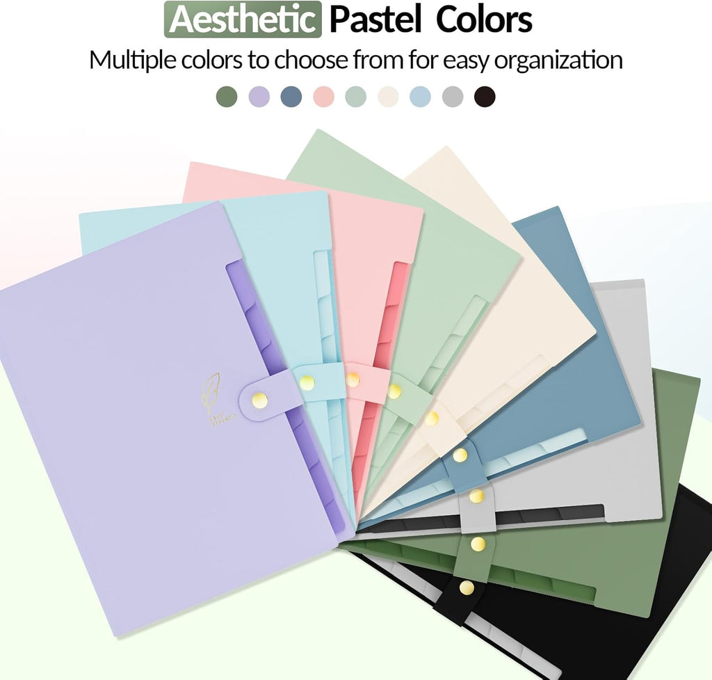 Sooez Aesthetic 8 Pocket Accordion File Organizer, Pastels Expanding File Folder for Important Document with Labels, Portable Receipt Bill Organizer for Office School Supplies, Letter Size Olive Green