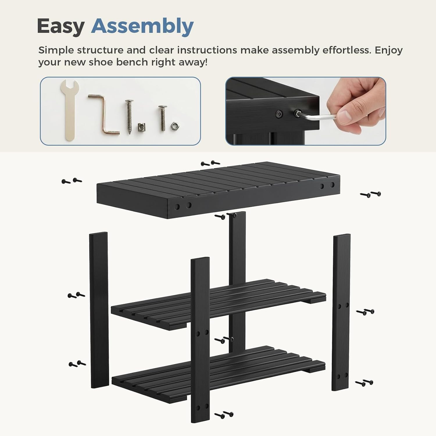 Simple Deluxe Shoe Rack Bench, 3-Tier Bamboo Storage Organizer, 286lb Capacity Entryway Bench for Front Door, Bedroom, Living Room, Bathroom, Balcony, Stylish Shoes Black (11.3 x 19.7 x 17.8 Inches)