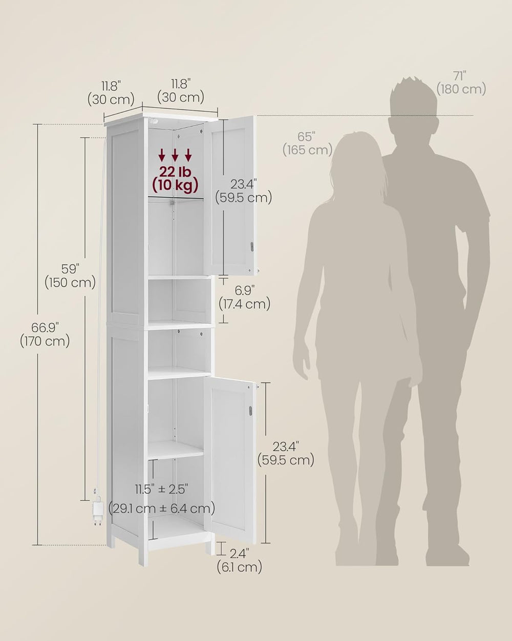 VASAGLE Tall Storage Cabinet with Lights, Slim Freestanding Cabinet with Adju...