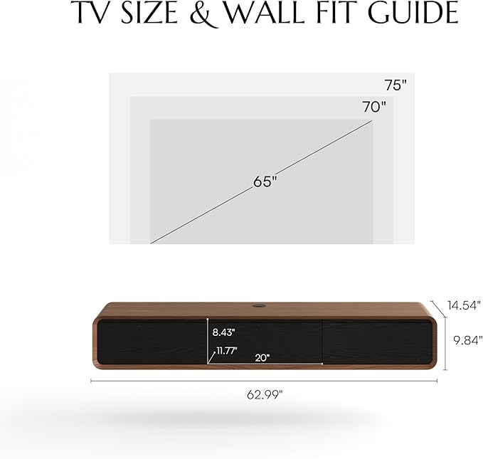 POVISON Fully-Assembled Minimalist Floating TV Stand, Modern Wall-Mounted Entertainment Center with 3 Flip-Down Cabinet Doors, Wood Media Console