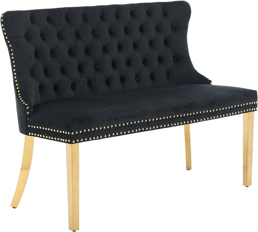 Black Velvet Dining Bench with Back, Tufted Banquette Seating, Gold Legs | Up...