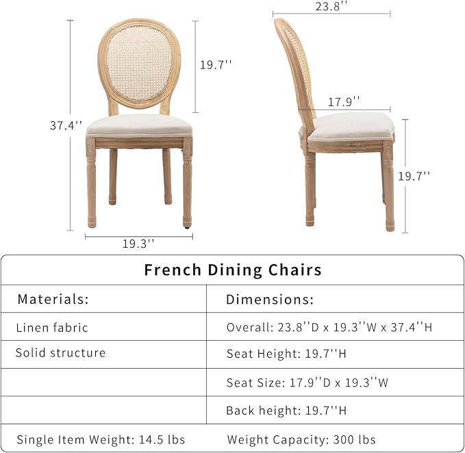 French Country Dining Chairs Set of 8, Cream Kitchen & Dining Room Chairs Set of 8, Ivory Rattan Dining Chairs, Cane Back, Wood Legs, Sillas De Comedor (Rattan, Beige, 8Pcs)