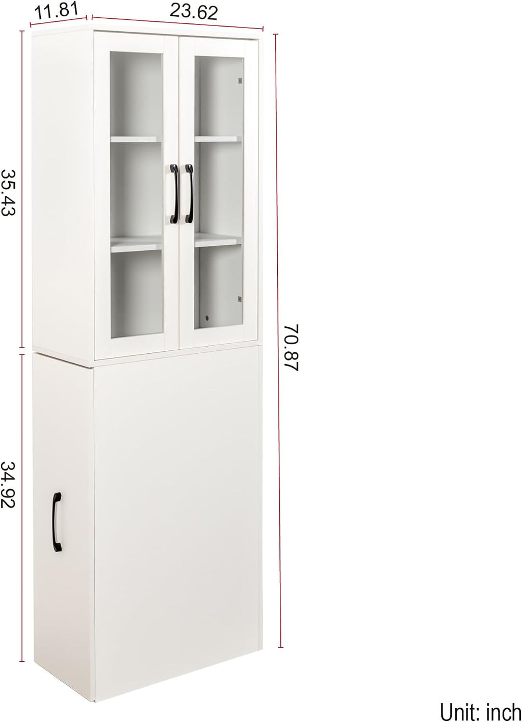 70.87" H Slim Display Storage Cabinet with 4 Tier Multi-Functional Pull-Out Shelves, Narrow Bookcase with 2 Glass Doors, Space Saving Storage Organizer for Kitchen Living Room Bathroom, White