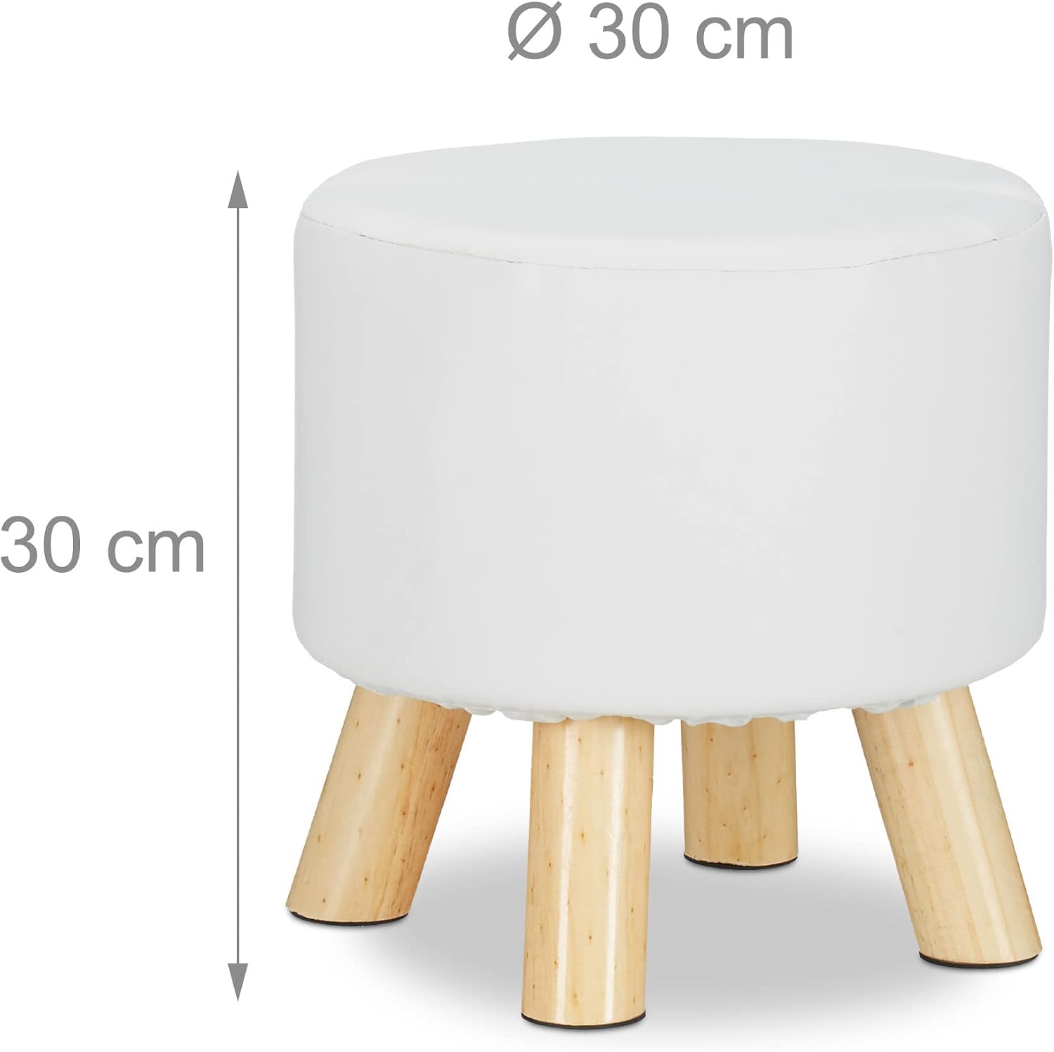 Relaxdays Faux Leather Padded Stool with 4 Wooden Legs Flat Footstool Round Decorative Stool H x D 30 x 30 cm White