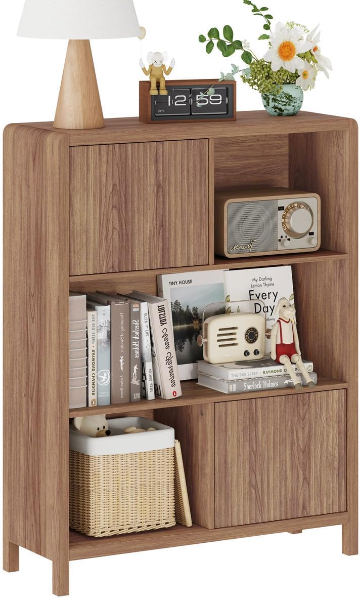 FATORRI Bookshelf with Open and Hidden Storage, 5 Cube Bookcase with 2 Doors,...