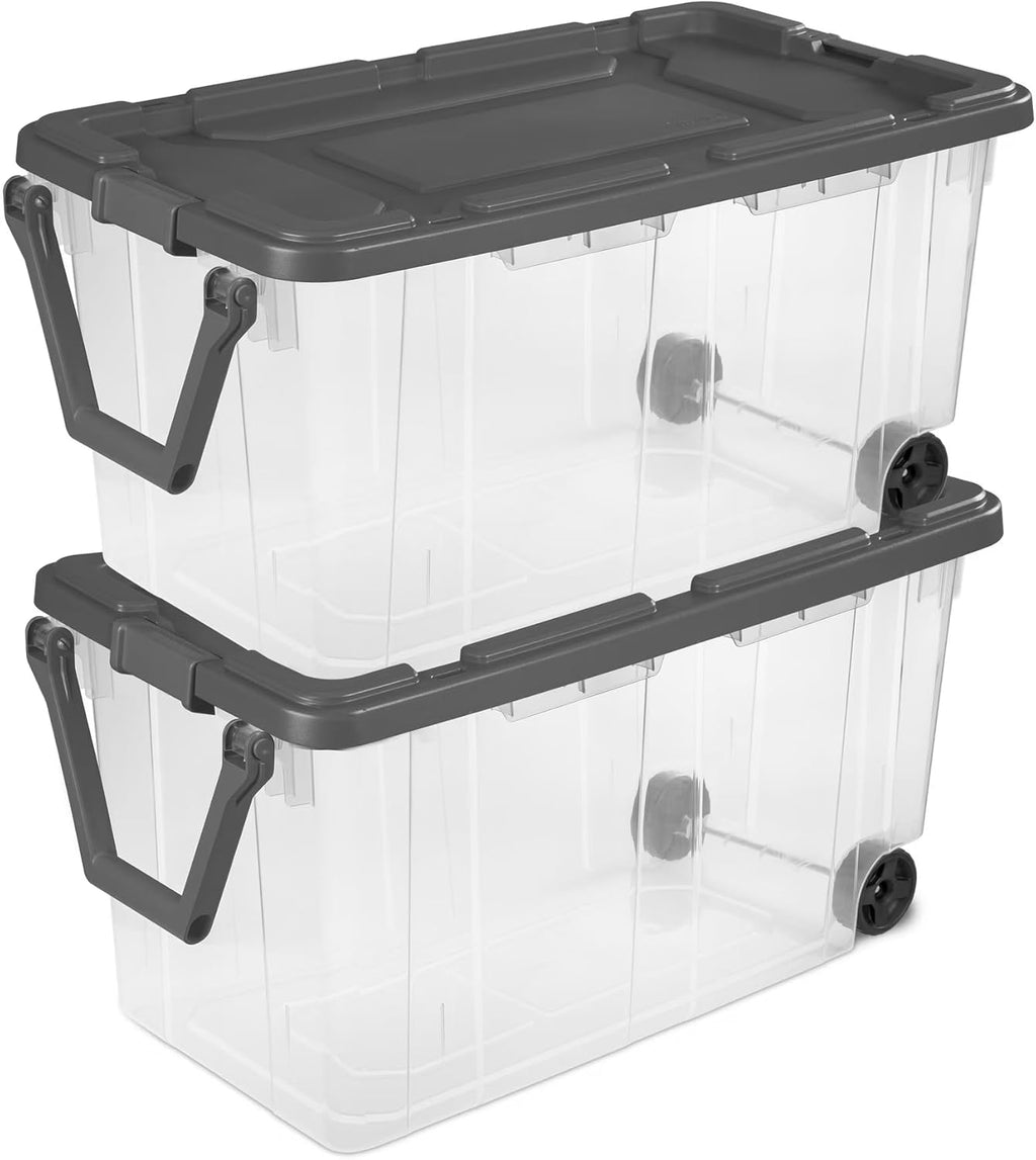 160 Quart Wheeled Stacker, Extra Large Durable Clear Bin, Latch Lid and Pull Handle, Gray, 2 Count