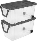 160 Quart Wheeled Stacker, Extra Large Durable Clear Bin, Latch Lid and Pull Handle, Gray, 2 Count