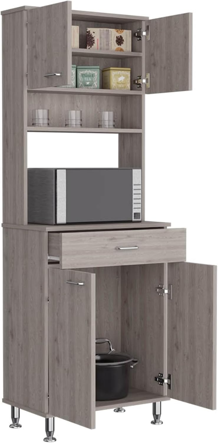 Della 60 Kitchen Pantry with Countertop, Closed & Open Storage -Light Gray