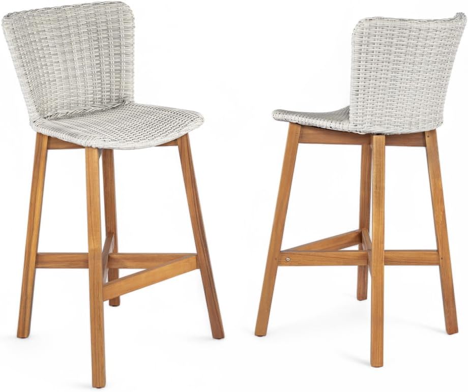 Saiveina Lymington Outdoor Bar Stool, Teak Finished Wood with Light Grey Wick...