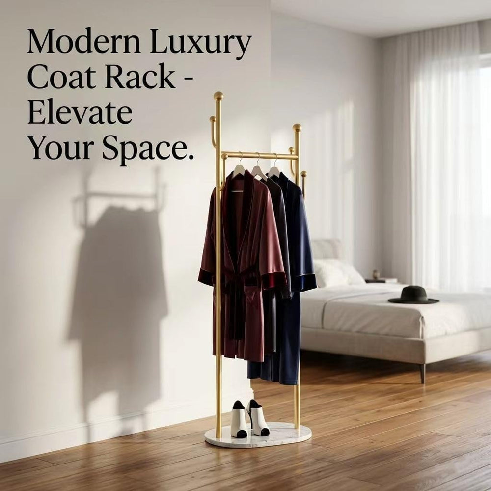Gold Metal Clothes Rack Heavy Duty Freestanding Coat Rack with White Marble L...