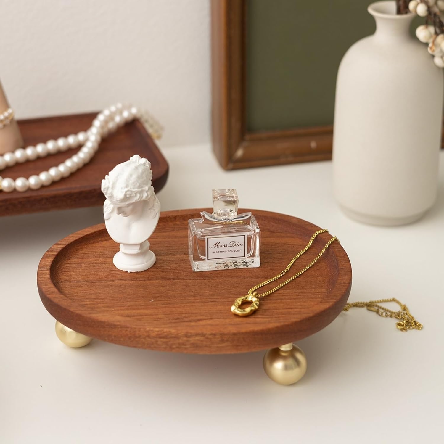 Wooden Jewelry Display Tray, Mothers Day Gifts Presentation Tray, Organizer for Rings, Necklaces, Earrings, Catchall Holder, Trinket Dish, Key Tray (Oval)