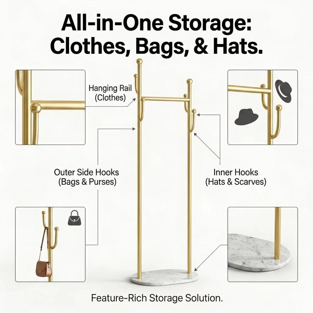 Gold Metal Clothes Rack Heavy Duty Freestanding Coat Rack with White Marble L...