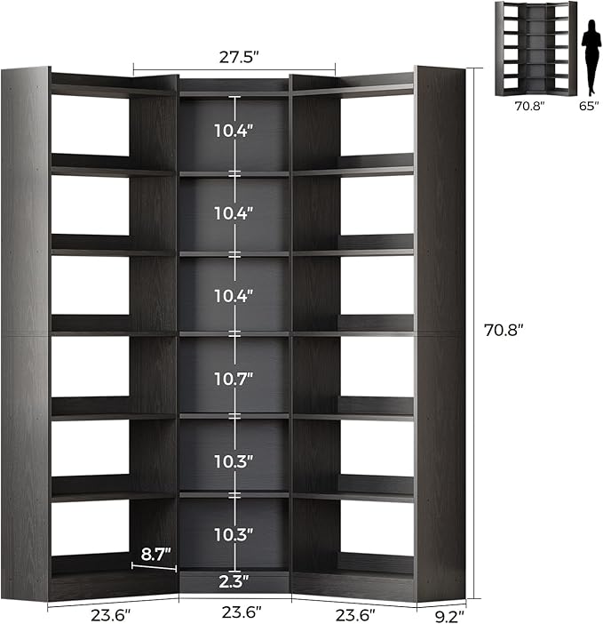 IRONCK Corner Bookshelf, 7-Tier Bookshelf with Storage, Corner Bookcases with Baffles Etagere Shelf for Living Room Home Office Bedroom, Black
