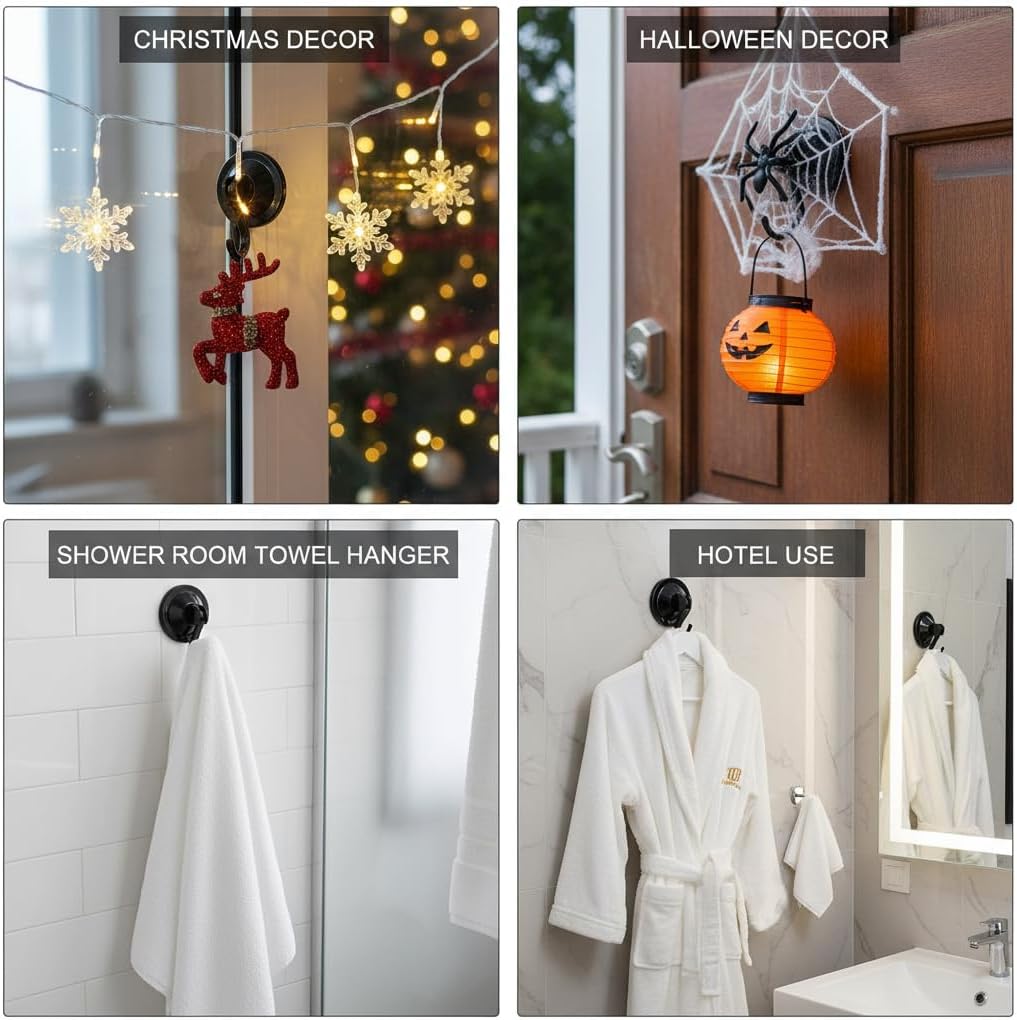Suction Cup Hooks, Powerful Vacuum Wreath Hangers for Glass Door or Window, Set of 4, Black