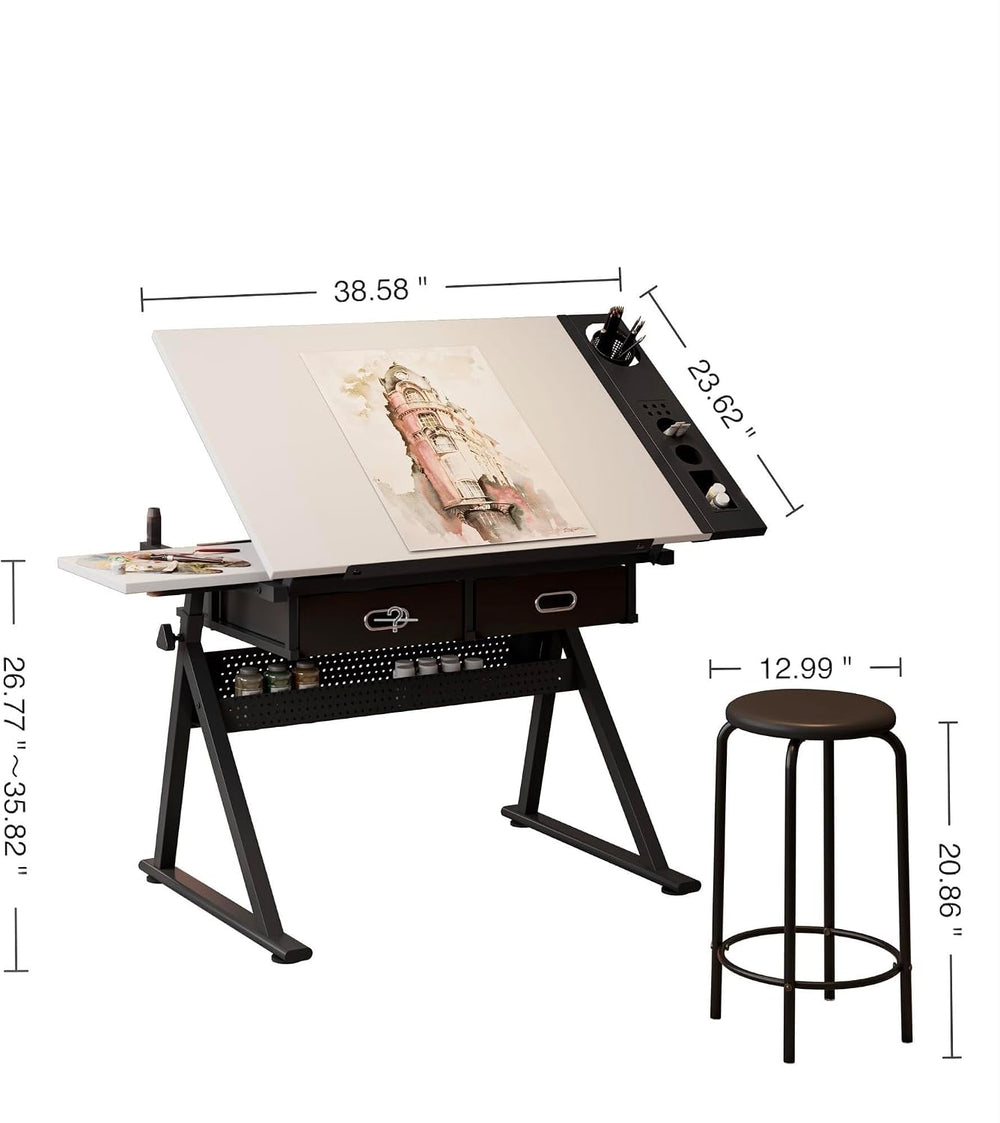 Adjustable Drawing Table with Stool, 2 Drawer Drafting Desk for Artists, Tilt...