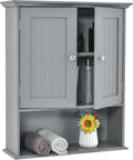 Tangkula Bathroom Wall Cabinet, Wooden Hanging Cabinet with Doors & Shelves, Multipurpose Storage Cabinet for Restroom Kitchen Living Room, Wall Mounted Bathroom Medicine Cabinet (Grey)