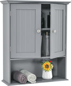 Tangkula Bathroom Wall Cabinet, Wooden Hanging Cabinet with Doors & Shelves, Multipurpose Storage Cabinet for Restroom Kitchen Living Room, Wall Mounted Bathroom Medicine Cabinet (Grey)