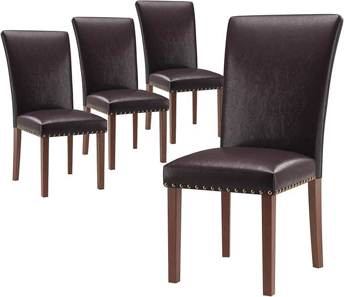 Stylish Dining Chairs Set of 4, Upholstered Parsons Dining Room Chair with Nailhead Trim, Kitchen Room Chair with Thick Cushions and Wood Legs, Nailhead Trim, Dark Brown Leather