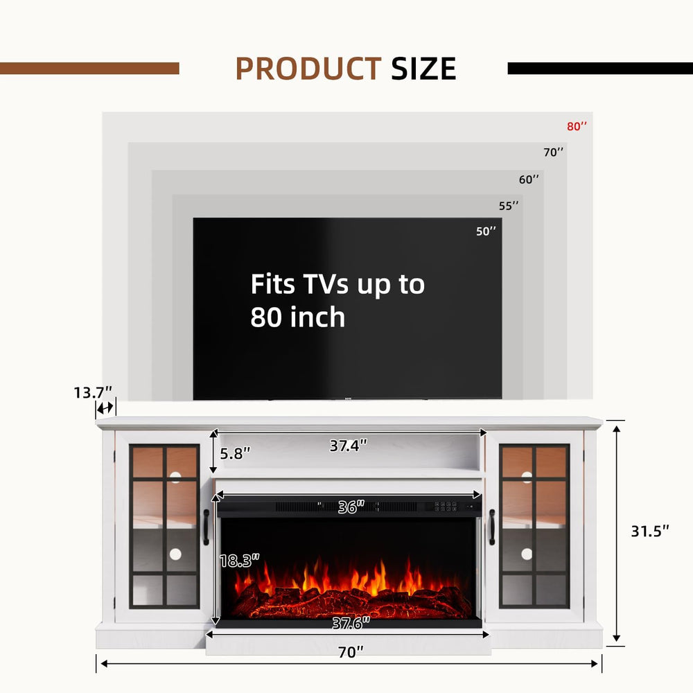 Aoxun 70 Inch TV Stand with 36 Inch Electric Fireplace, 3-Sided Glass TV Cons...