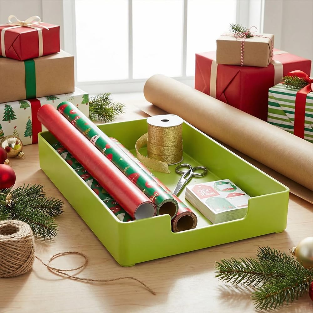 Letter-Size Tray, 2PCS A4 Plastic Stackable Paper Tray, Desk Drawer Organizer for Office, School, Home Storage, and Storage Containers for Christmas Ornaments, Gift Wrap (2X Green)