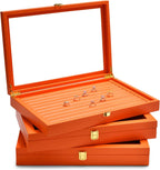 Oirlv Premium Leather Jewelry Tray with 24 Grid Removable Jewelry Cards Necklace Organizer Box with Transparent Acrylic Lid Necklace Pendant Display Case