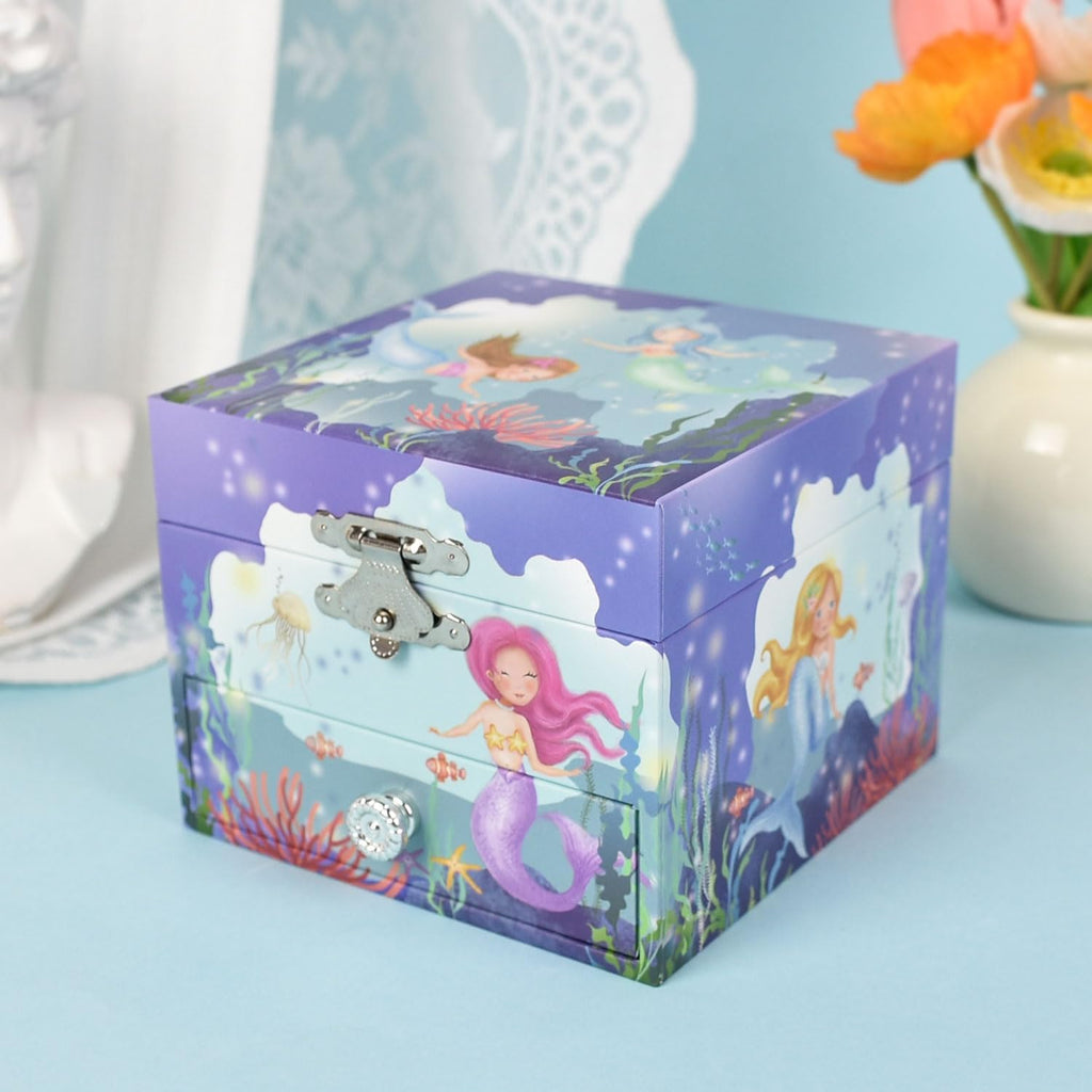 Mermaid Music Box for Girls - Little Mermaid Jewelry Box with Rotating Figurine, Storage Drawer, & Beautiful Dreamer Melody | Ocean Theme Design, 4.13x4.13x3.35 Inches | Musical Jewelry Box