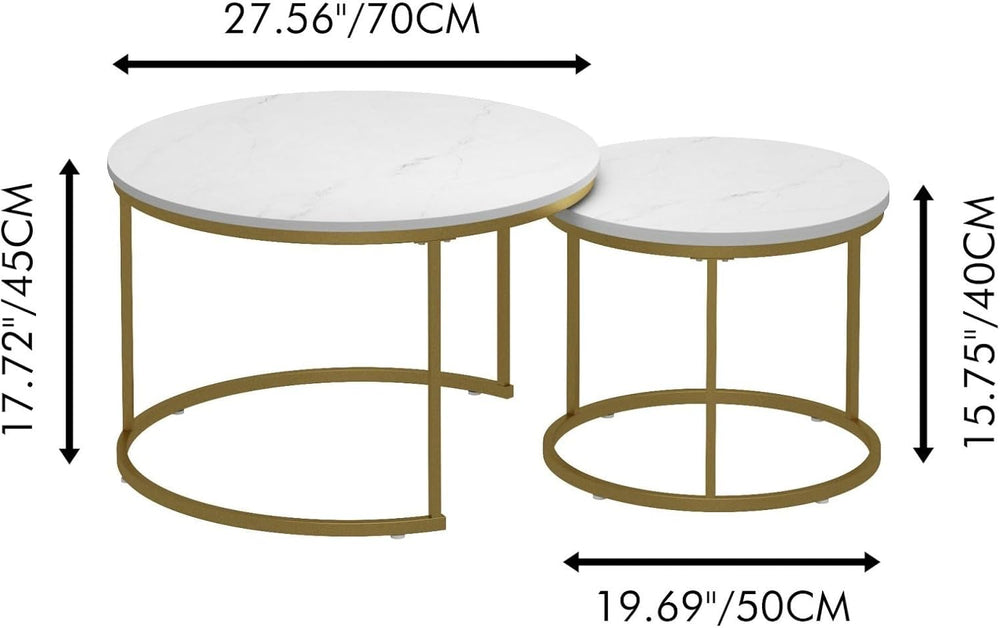 Nesting Coffee Table Set of 2, Round Tables with Marble Pattern MDF Top | Spa...