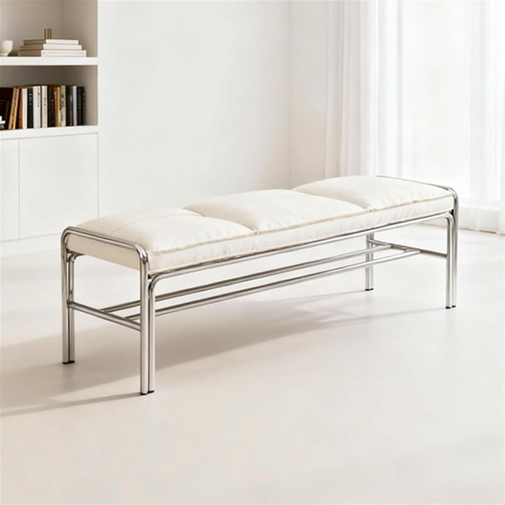 Modern Stainless Steel Long Bench with White Leather Cushion Home-use Soft-Pa...