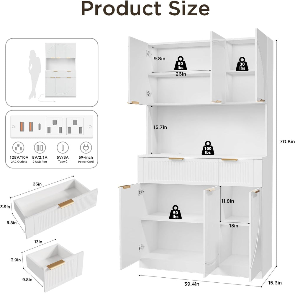 71" Kitchen Pantry Cabinet with Build-in Charging Station, White Modern ...