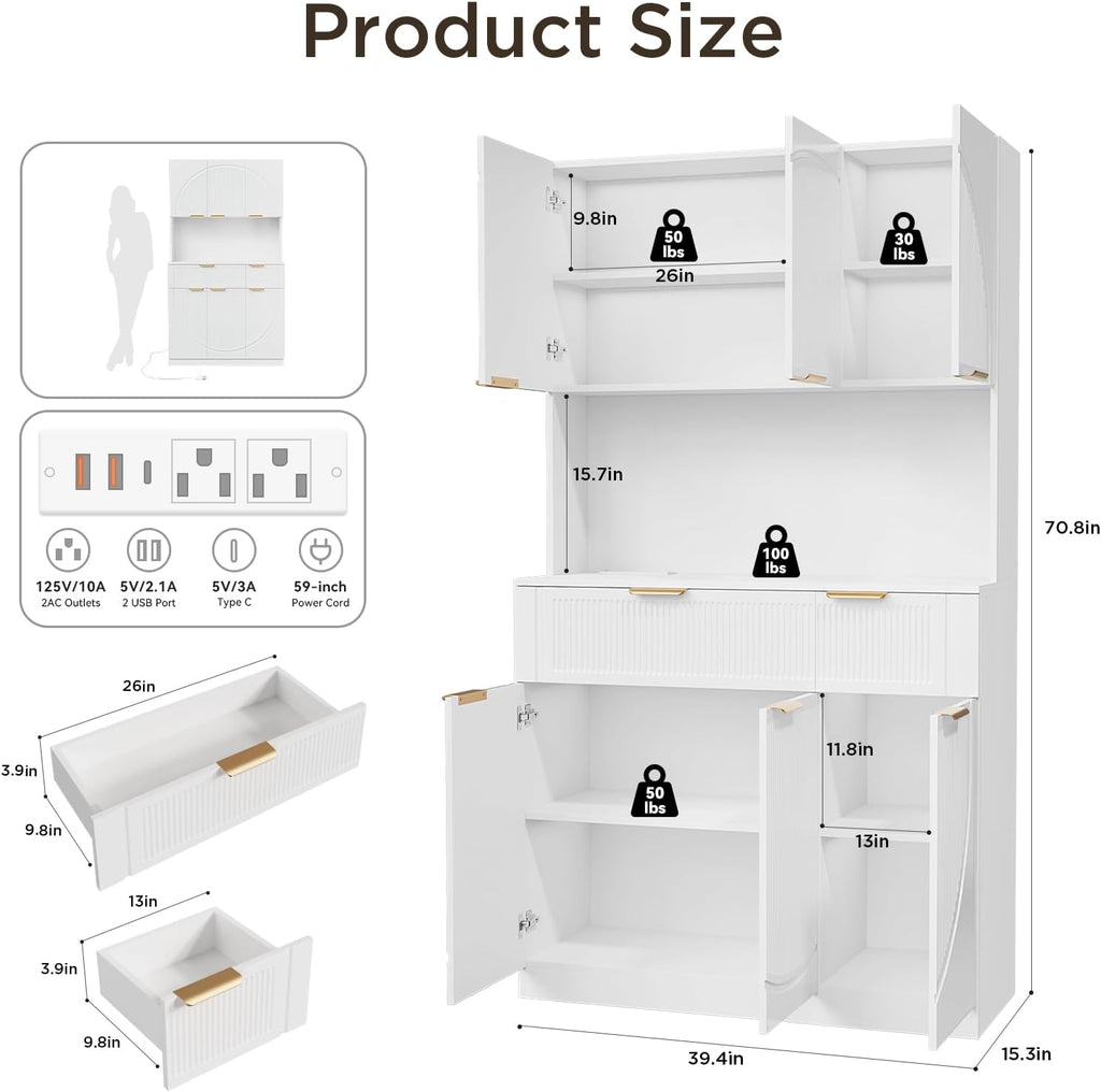 71" Kitchen Pantry Cabinet with Build-in Charging Station, White Modern Kitchen Cabinet Hutch with Drawers & Microwave Stand, Pantry Buffet with Countertop for Dining Room, White
