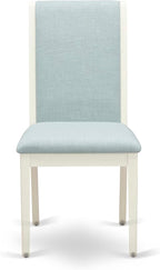 East West Furniture V027LA015-5 5 Piece Dining Room Table Set Includes a Rectangle Kitchen Table with V-Legs and 4 Baby Blue Linen Fabric Parson Dining Chairs, 40x72 Inch, Multi-Color