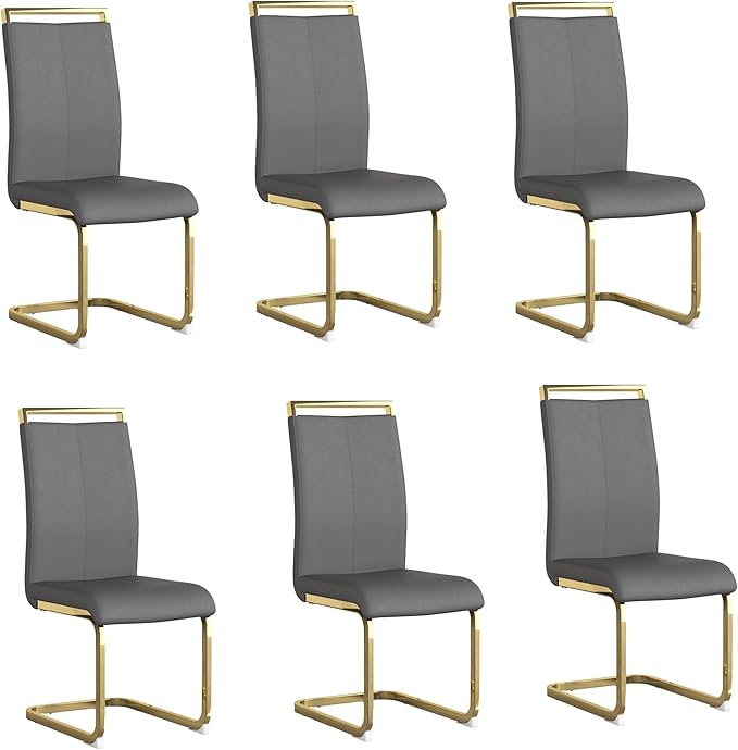 AZmac Modern Leather Dining Chairs Set of 6,Armless Kitchen Chairs,Dining Room Chairs with Upholstered Padded Seat and Sturdy Golden Legs for Dining Room,Kitchen (Set of 6, Dark Grey-Gold Leg)