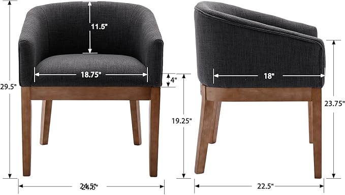 Mid Century Modern Upholstered Barrel Dining Chairs with Arms Set of 6, Farmhouse Linen Kitchen & Dining Room Chairs with Natural Hardwood Frame, 18" W Accent Chairs for Living Room Bedroom, Charcoal