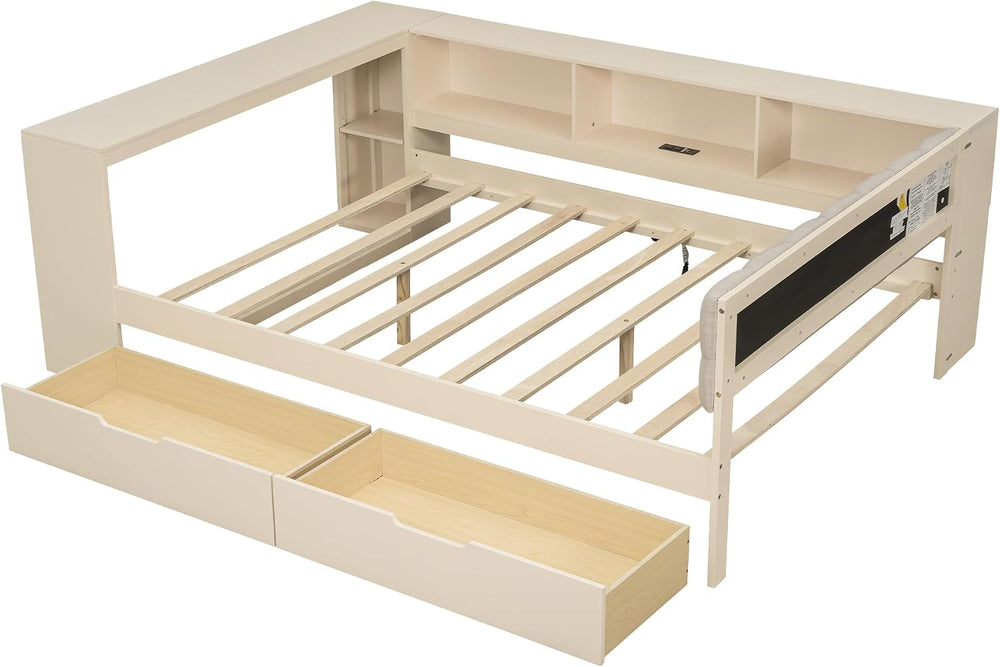 Tidyard Wood Full Size Platform Bed with Storage Shelves Drawers and USB Char...