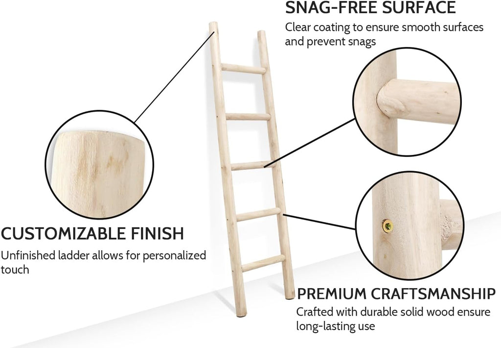 Blanket Ladder, 57in Rustic Solid Wood Decorative Ladder, Natural | Farmhouse living room accent, Layered blanket towel quilt display, Visible wood grain, Bathroom and Bedroom use