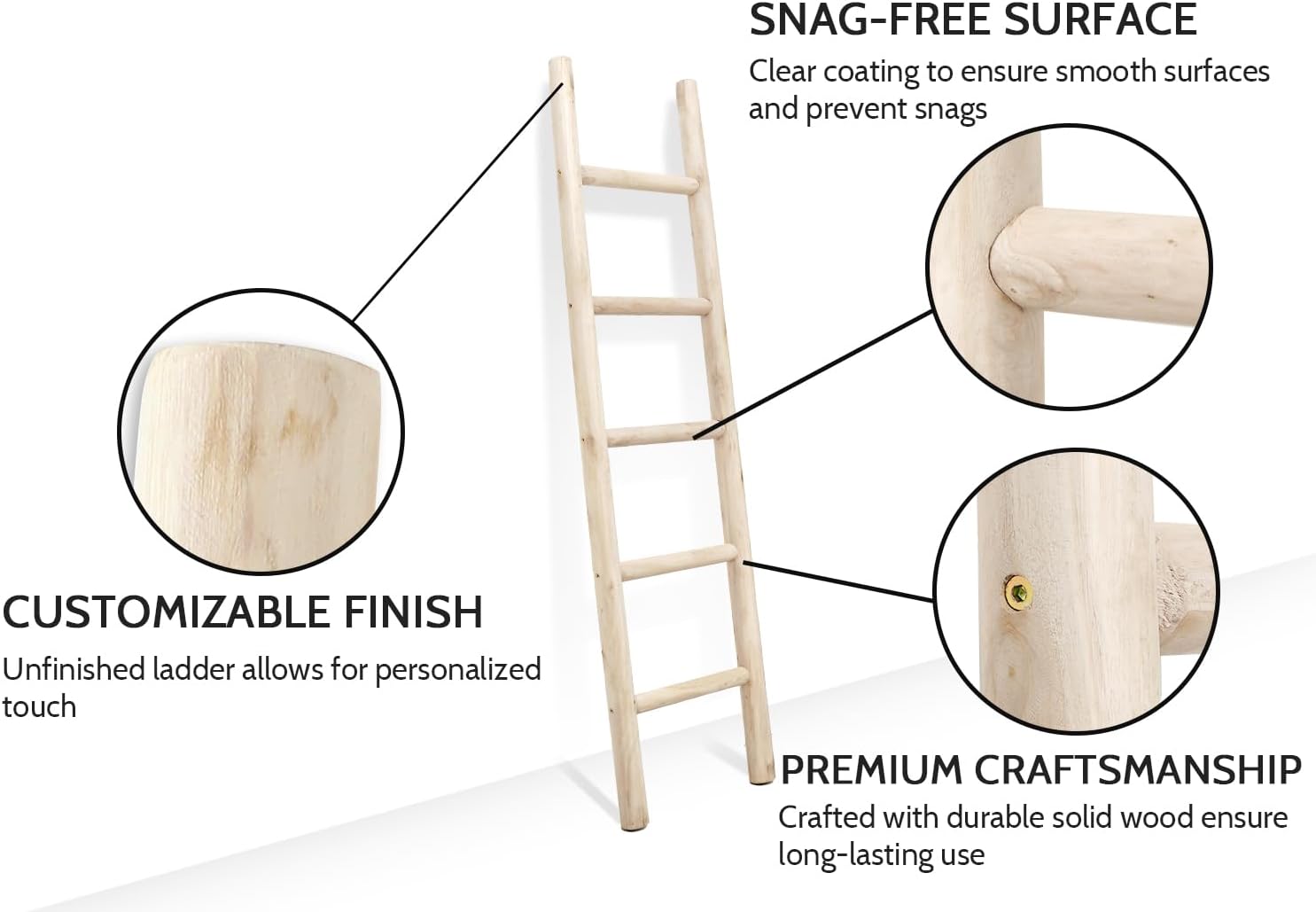Blanket Ladder, 57in Rustic Solid Wood Decorative Ladder, Natural | Farmhouse living room accent, Layered blanket towel quilt display, Visible wood grain, Bathroom and Bedroom use