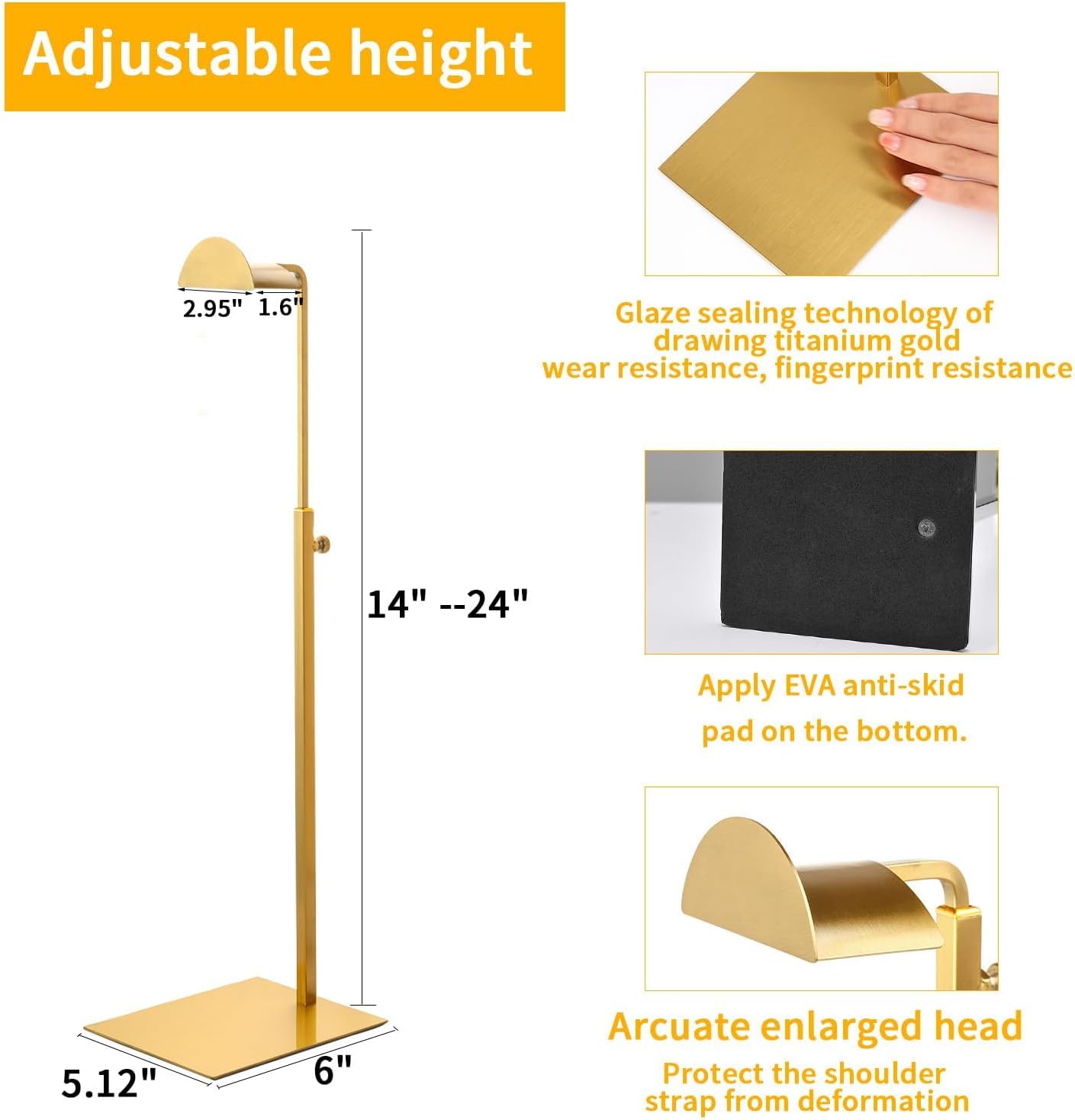 Purse Display Stands, 4 Pack Gold Purse Display Rack Stainless Steel Handbag Display Stand Adjustable Height Bag Display Stand Holder Anti-fingerprint for Retail Boutiques Commercial Store