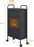 ELYKEN Slim Laundry Hamper with Lid, 50L Small Rolling Laundry Basket on Wheels, 7.9” Narrow Dirty Cloth Cart with Removable Inner Bag for Small Bathroom, Bedroom, Black